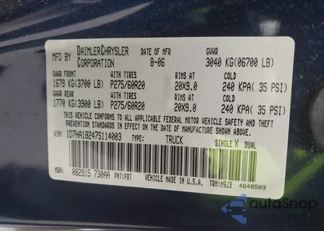 2007 Dodge Ram 1500 Slt from USA, damaged, VIN 1D7HA18247S114003